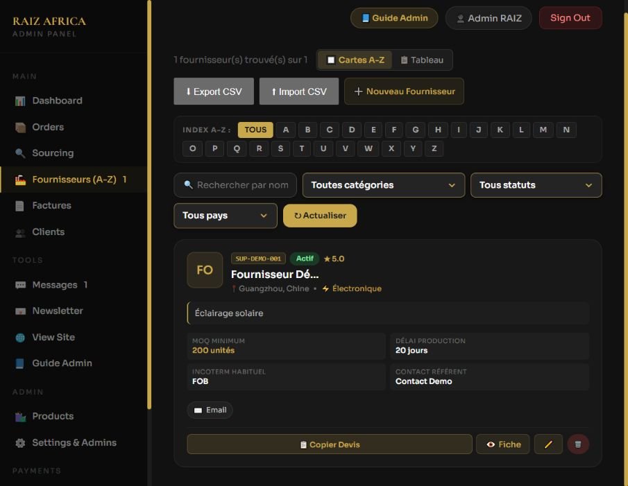 Fournisseurs — filtres A-Z, fiches et boutons Import et Export CSV