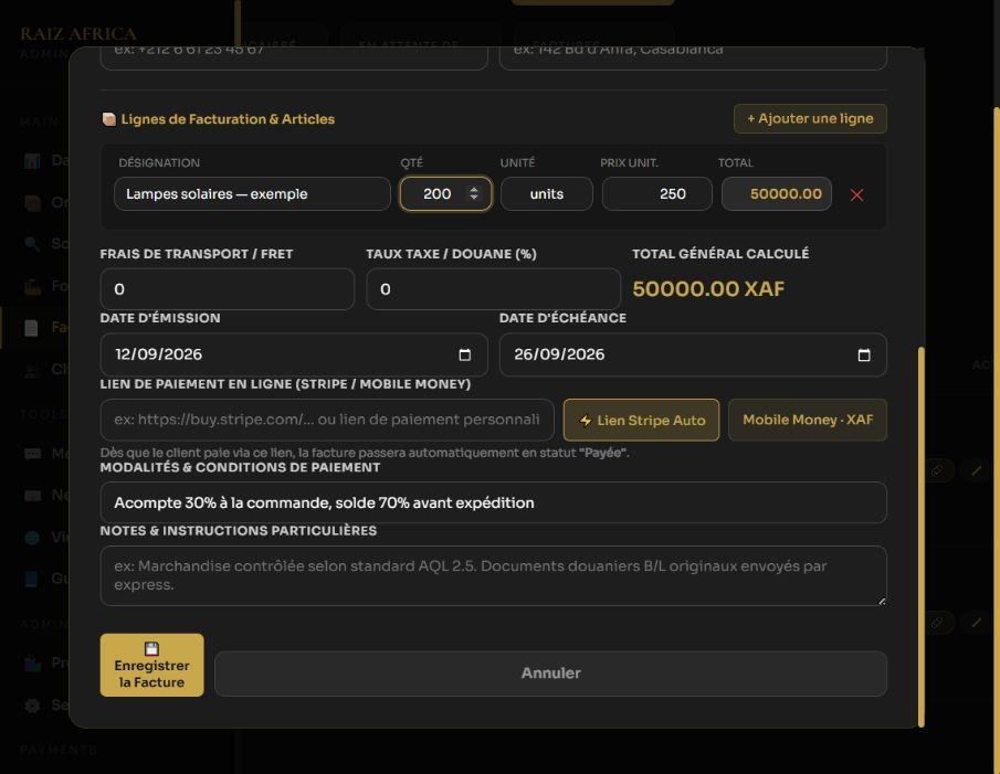 Facture — sélectionner XAF et vérifier les informations du client